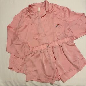 For Love & Lemons Pink Satin Everyday Pajama Top and Shorts Set